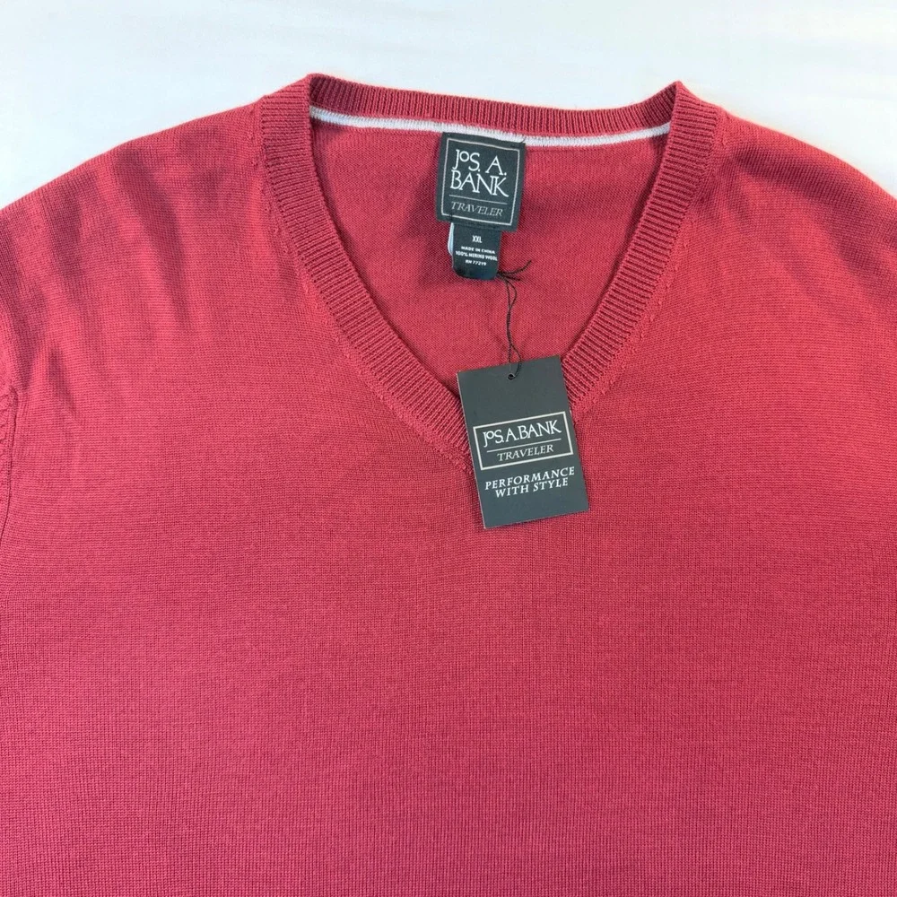 Jos A Bank Traveler Merino Wool Sweater XXL Red V Neck Pullover NWT Professional